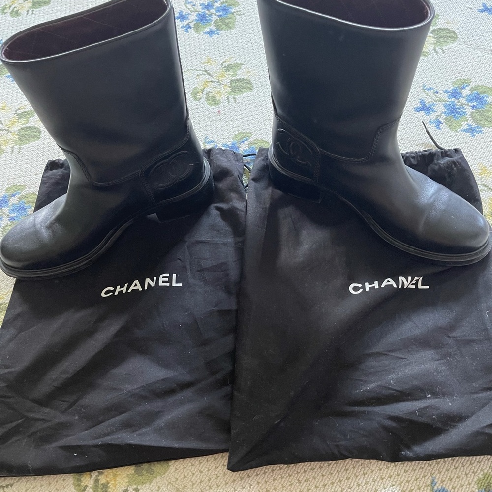 Black Chanel Boots with logo on inner heel